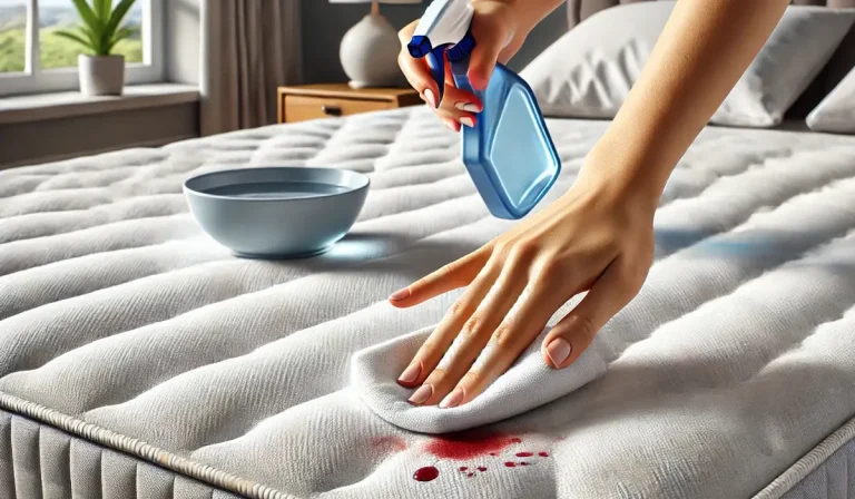 Hands cleaning a bloodstain from a mattress with a cloth