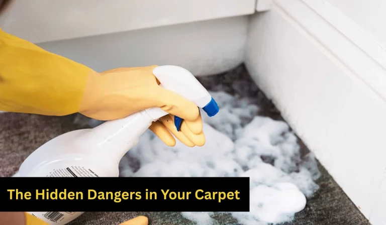cleaning a carpet with a spray bottle, highlighting the importance of regular carpet cleaning to prevent hidden dangers.